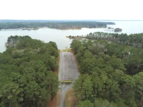 Aerial view of Cotton Hill Campground boat ramp, with boat ramp in foreground and lake in background.