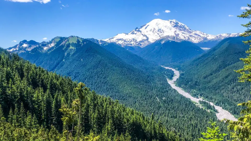 A Panoramic View of the White River Valley High Above the Campground with Mount Rainier in the Distance