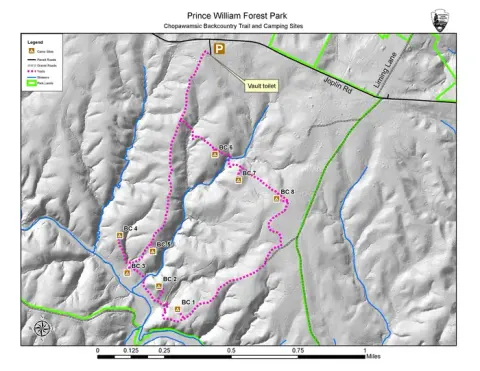 Map of the Chopawamsic Backcountry Area with campsites and vault toilet labeled