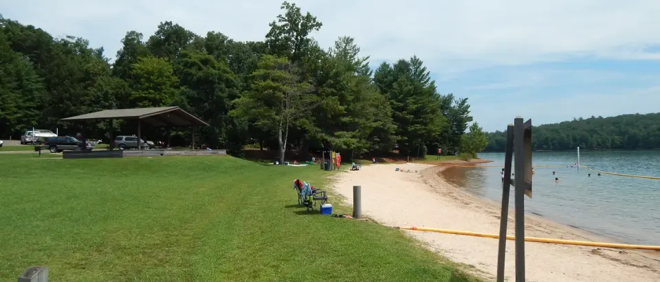 Philpott Lake's inviting sandy beach and swim area at Goose Point.