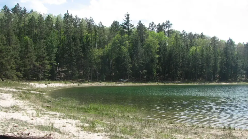 The view of the shoreline along Wagner Lake from the Wagner Lake Campground Beach.