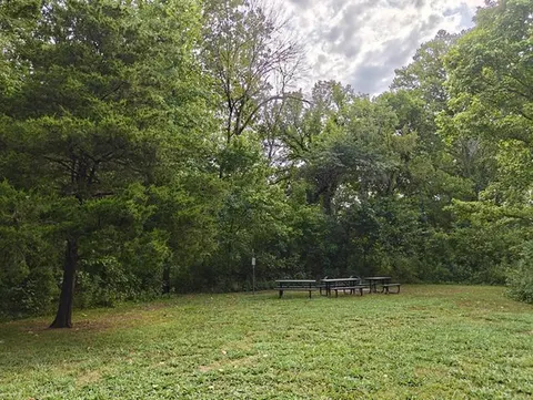 Three brown picnic tables sit on a grassy campsite.