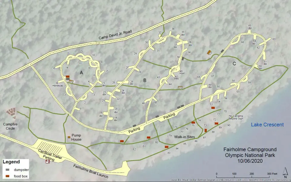 A map showing the 3 loops of the Fairholme Campground. Amenities such as a boat launch, dumpsters, restrooms, food storage lockers, and campfire circle are also pictured.