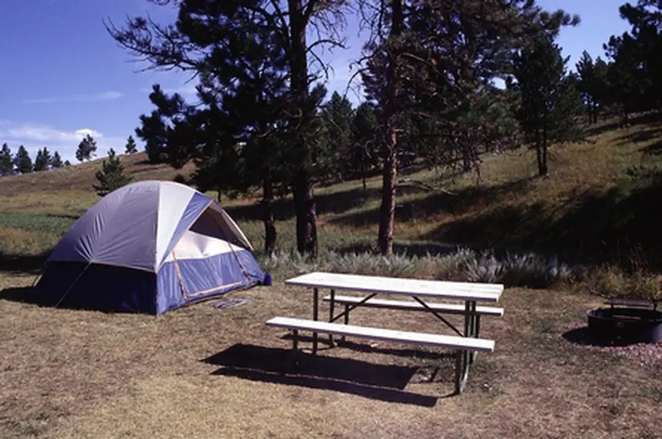 A blue tent sits on an Elk Mountain tent campsite with a picnic table
