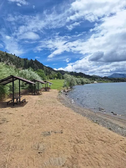 Swim beach and picnic shelters