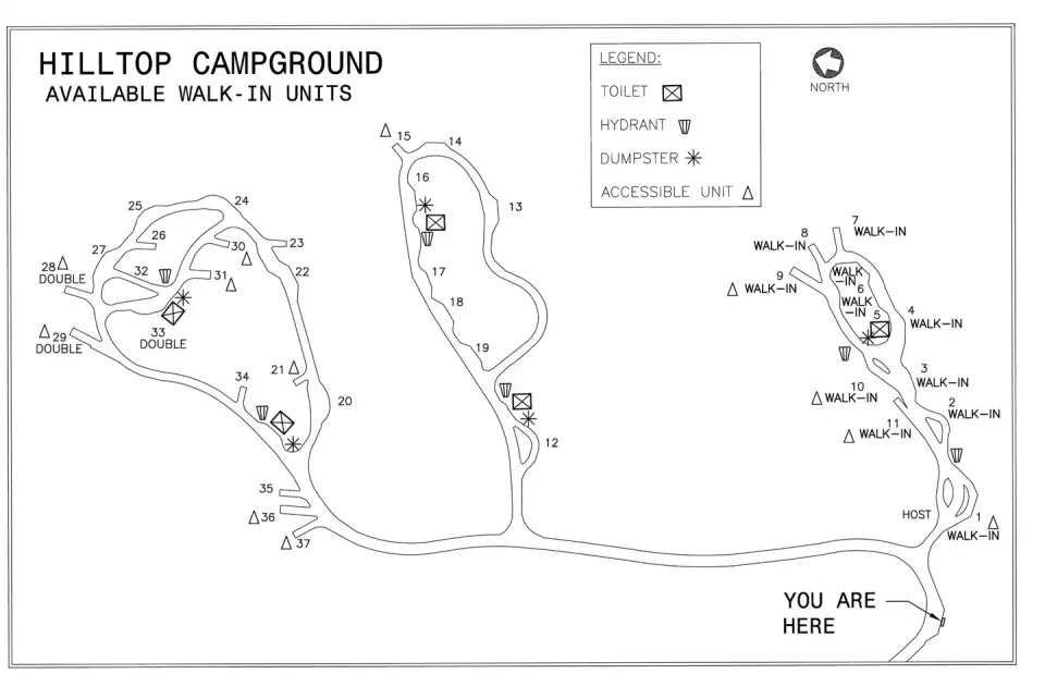Hilltop Campground map showing accessible sites,walk-in units, dumpsters, toilets and hydrant locations.