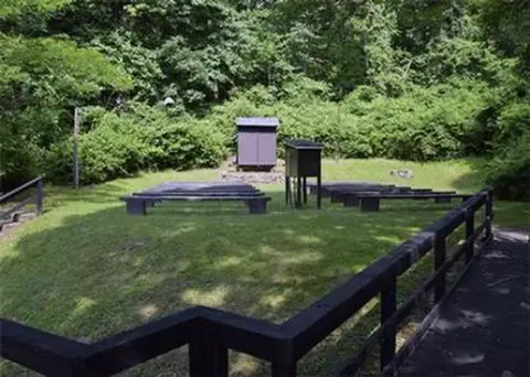 Campground amphitheater. Wooden boardwalk leading to open grass area with 10 wooden benches facing wooden projection screen. Dense green vegetation is behind theater.