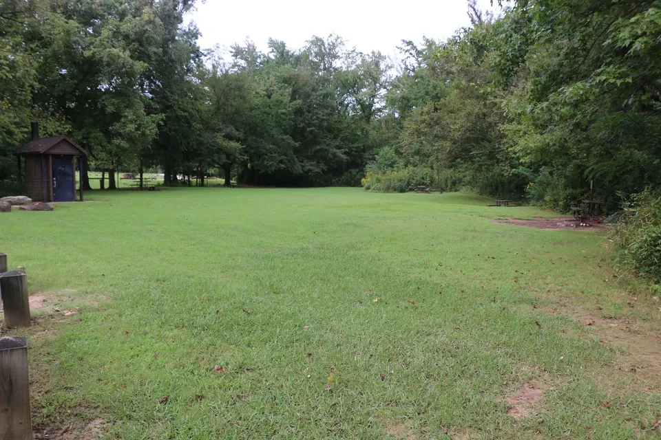 An open grassy area with a pit toilet to the left is surrounded by green trees.