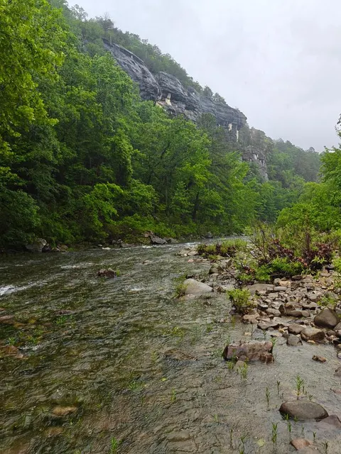 A flowing river can be seen beneath a gray bluff on a cloudy day.