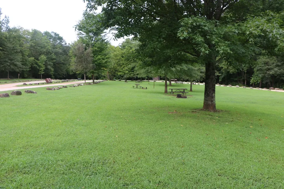 Campsites sit on a green lawn each marked by a picnic table and surrounded by a ring of rocks.