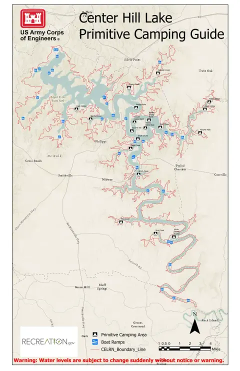 Map of Primitive Sites Available on Center Hill Lake in 2021