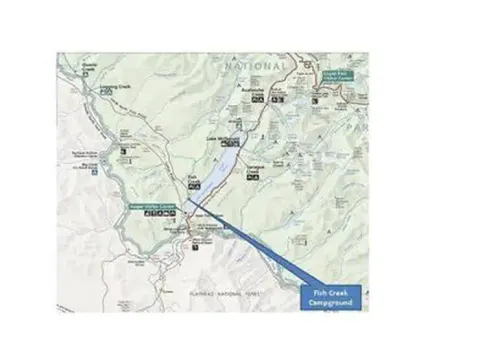 A map showing the location of Fish Creek Campground and the surrounding area