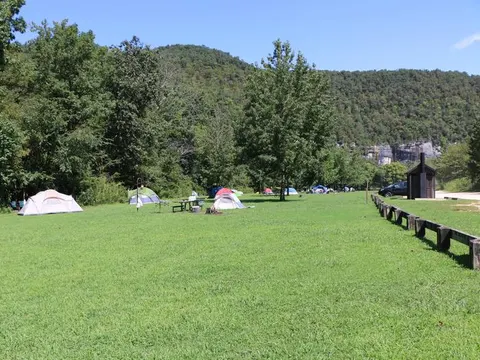 Colorful tents seen on the green grass of Steel Creek Campground. Green trees and a gray bluff line can be seen in the background.