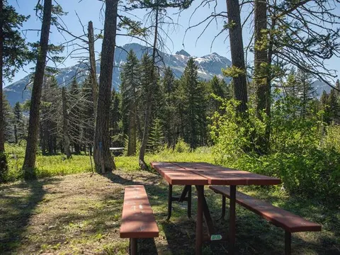 Picnic table in the foreground with grass, bushes, and trees nearby. A mountain can be seen in the distant background.