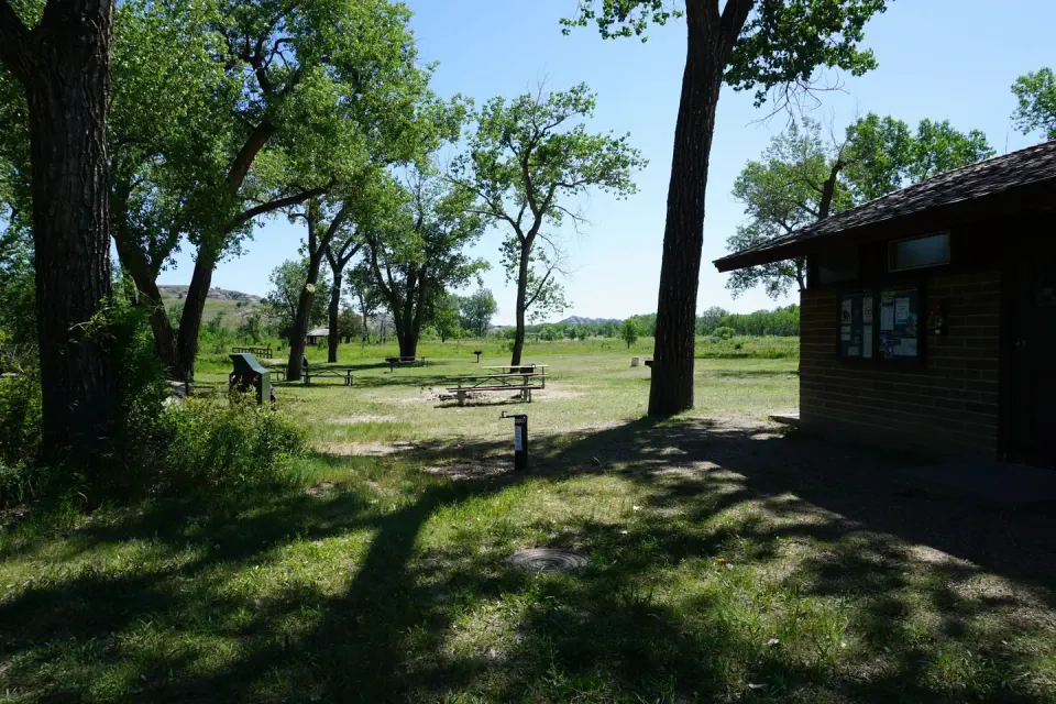 Bathroom facilities with trees.