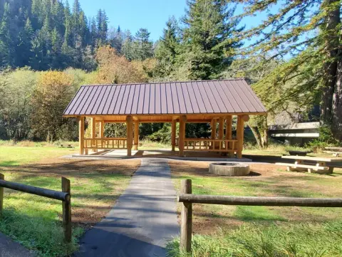 Large flat field. Tents and picnic tables in front of a road and large conifer treein the back, fire ring and picnic table behind single pole fence in foreground.