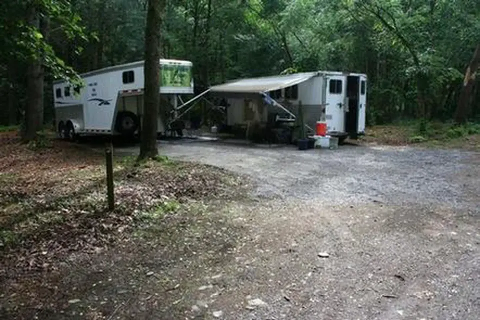 A recreational vehicle set up at Cataloochee Horse Camp