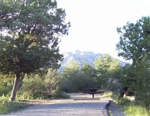 Yavapai Campground Site #15 with Granite Mountain in the Background behind the metal table