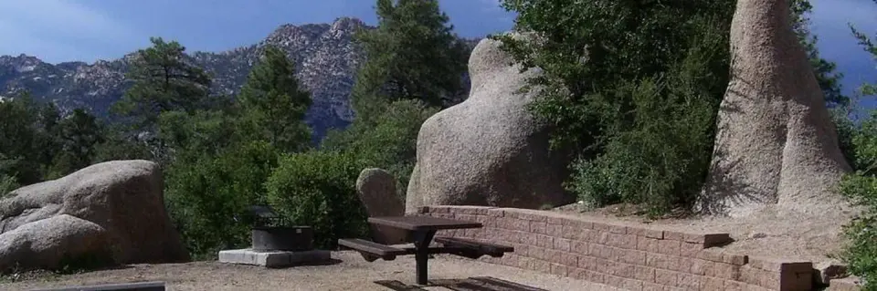 YAVAPAI CAMPGROUND Site 18 with Granite Mountain view and rock pillars