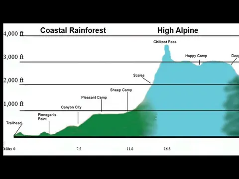 A graph showing the elevation of the Chilkoot Trail from 0 to 4000 feet over 17 Miles