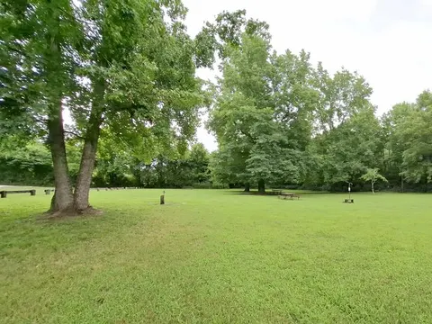 A green lawn with trees scattered throughout. In the distance a picnic table can be seen denoting a campsite.