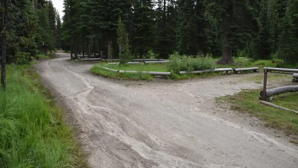 Narrow access road into Jeanette Campground with parking spurs on the right.