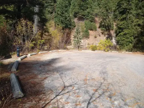 A round paved parking lot surrounded by trees.