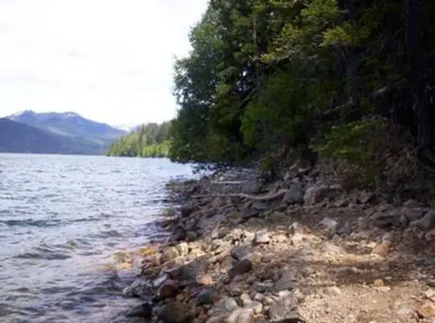 Looking from narrow, rocky lake shore lined with trees over choppy water to a far off mountain under bright, cloudy sky.