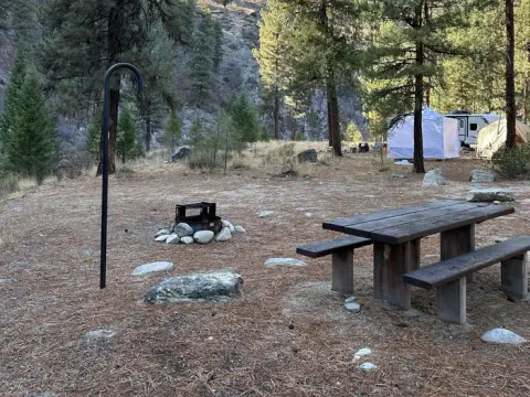 Campsite with lantern hook, fire ring, and picnic table