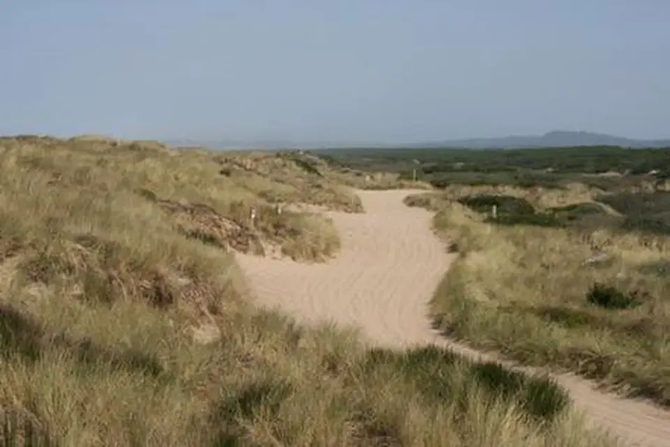 Sandy OHV trail through grass covered dunes under hazy blue sky.
