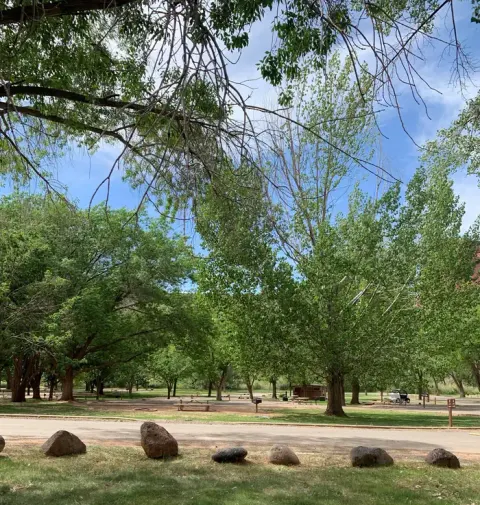 A paved road goes across the center of the image. Placed boulders are in front of the road. Behind the road a picnic table and grill is on a patch of dirt and surrounded by trees.