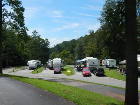 Trailers and RVs set-up in their sites at Salthouse Branch Campground