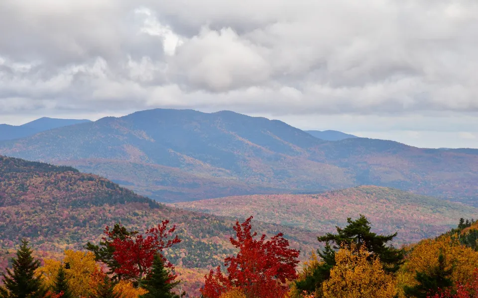 Stunning aerial view of fall foliage in the White Mountains, featuring vibrant colors and scenic landscapes.