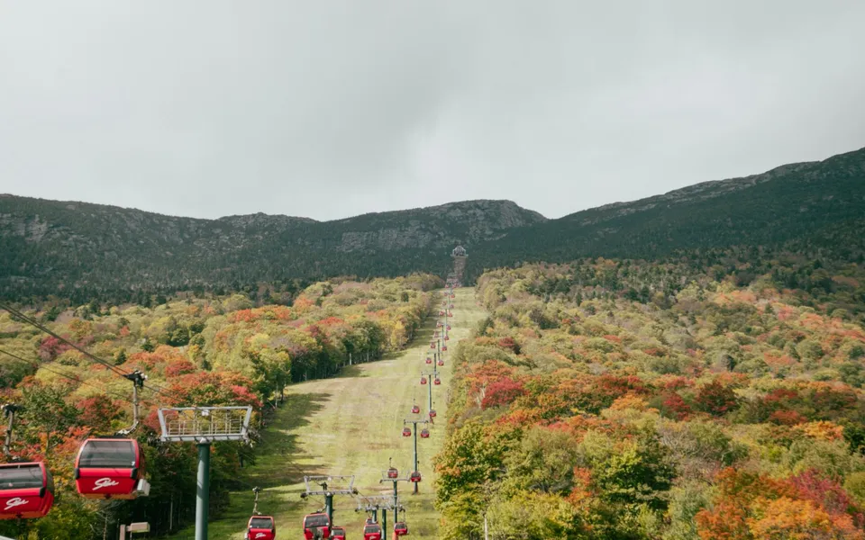 A stunning view of red gondolas ascending a forested mountain landscape in autumn.